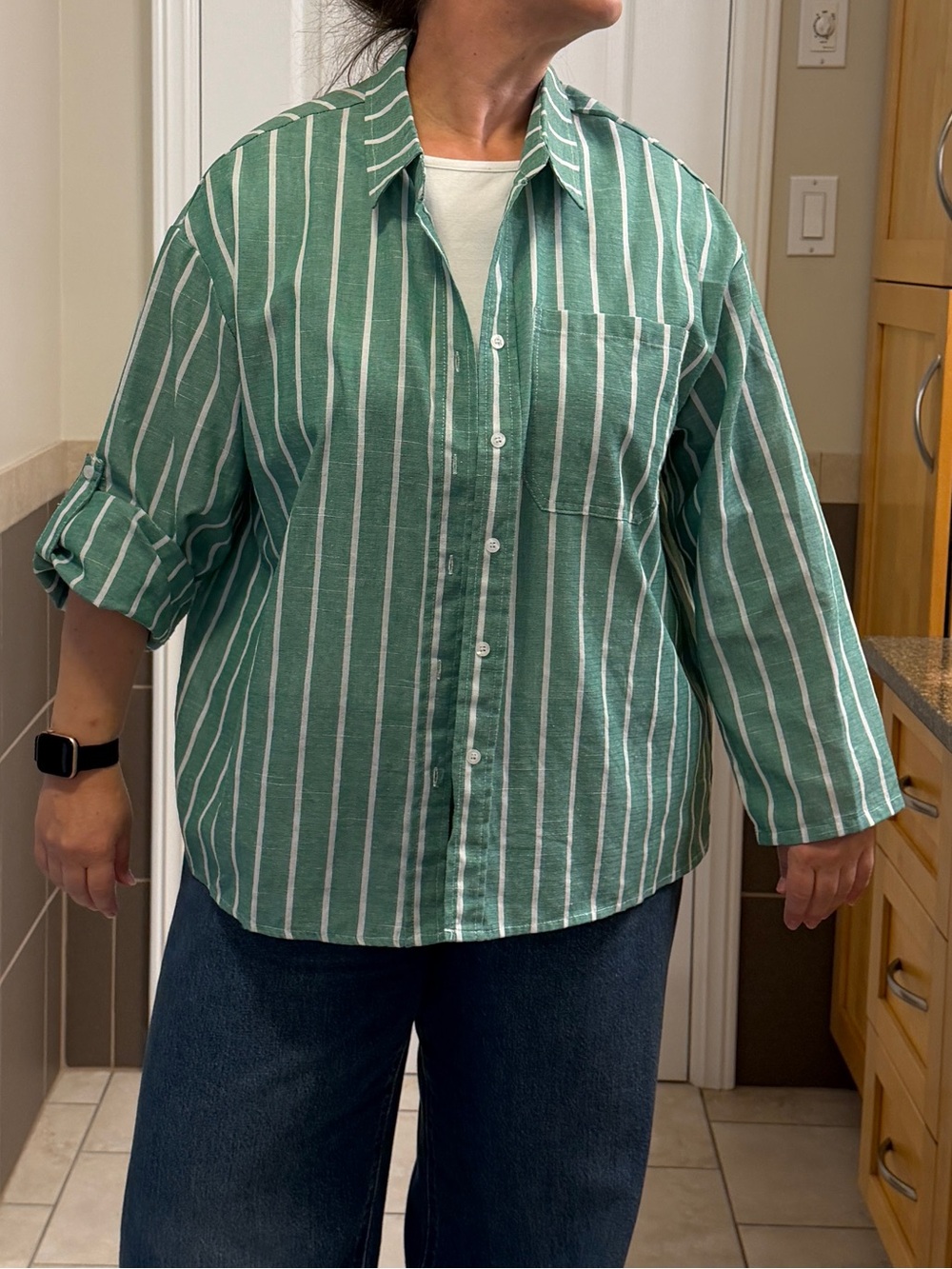 SHEIN Green and White Striped Button-Down Shirt